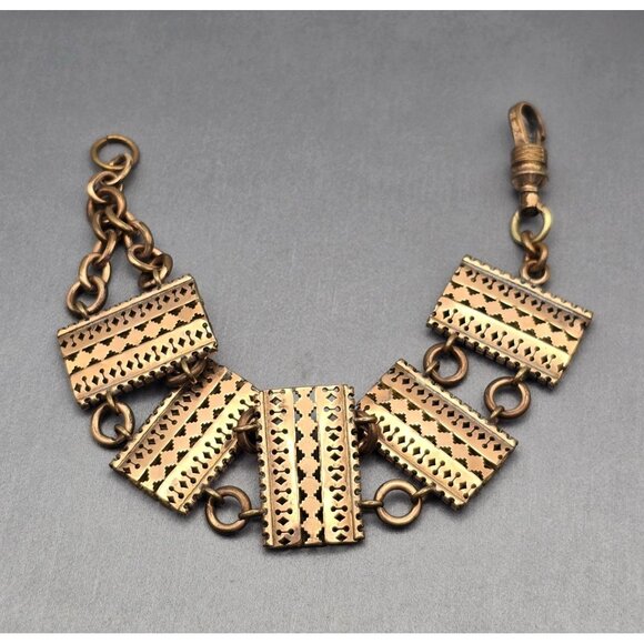VTG Solid Copper Panel Link Bracelet 7" Geometric Cutout Designs Hook Clasp 50s - Picture 1 of 14